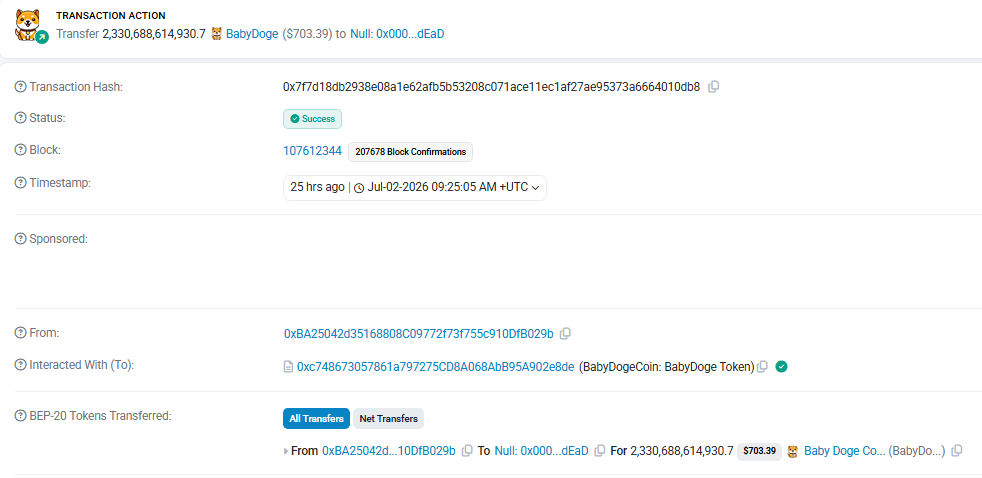 BabyDoge Burns 2.33T Tokens