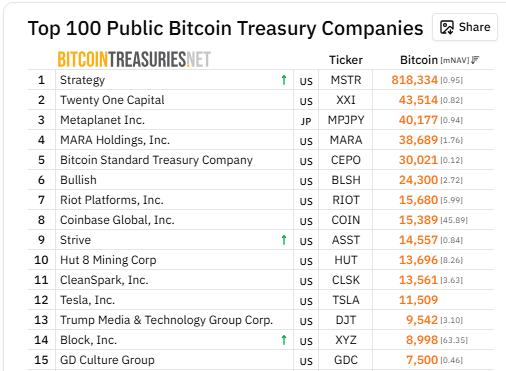 Top 100 Bitcoin Treasury Firms/Bitcoin Treasuries